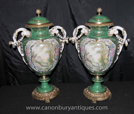 Pair French Sevres Porcelain Cherub Vases Amphora Urns